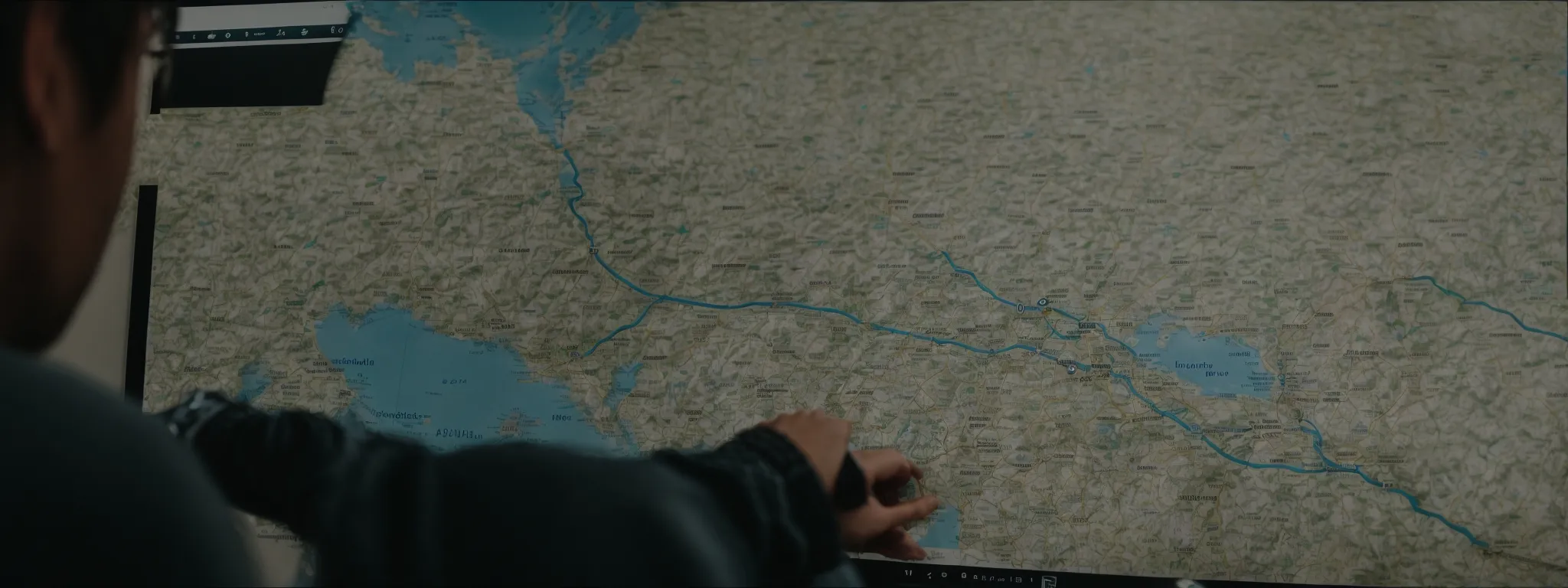 a focused individual navigating a map on a computer screen, highlighting strategies for local seo success.