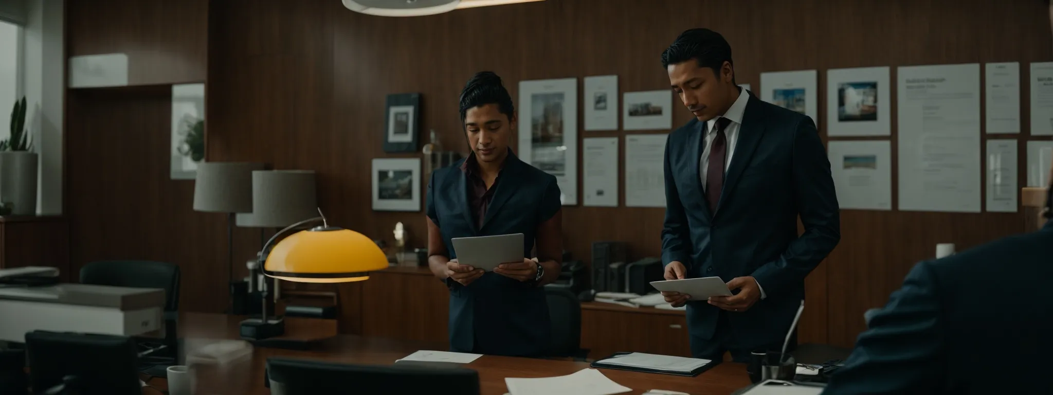 a financial advisor is explaining the google guarantee badge benefits to a business owner in an office setting.