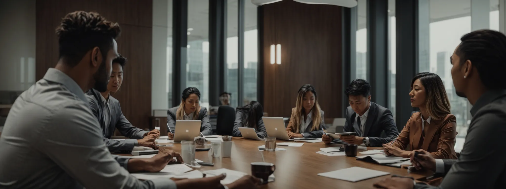 a dynamic team gathered around a modern conference table, engaging in a collaborative brainstorming session with digital devices and notes.