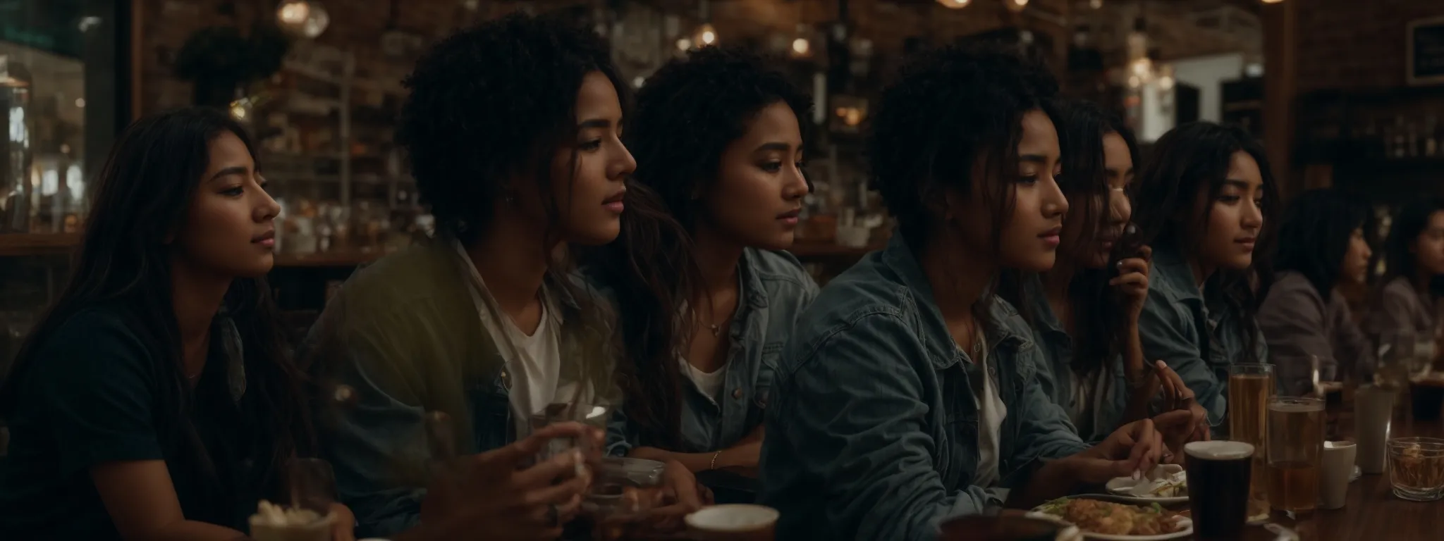 a group of diverse, casually dressed young adults gather around a table in a cozy cafe, each interacting with their smartphones or laptops.
