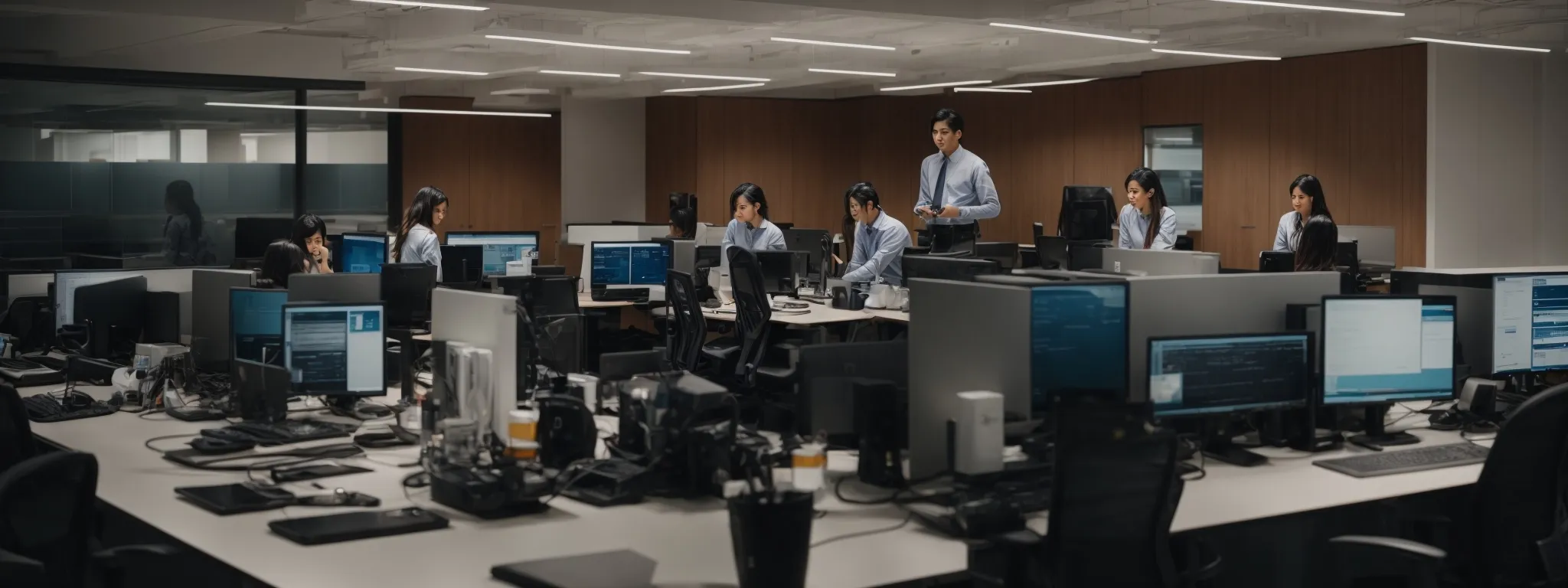 a modern office space where a team gathers around a computer to analyze website traffic data.