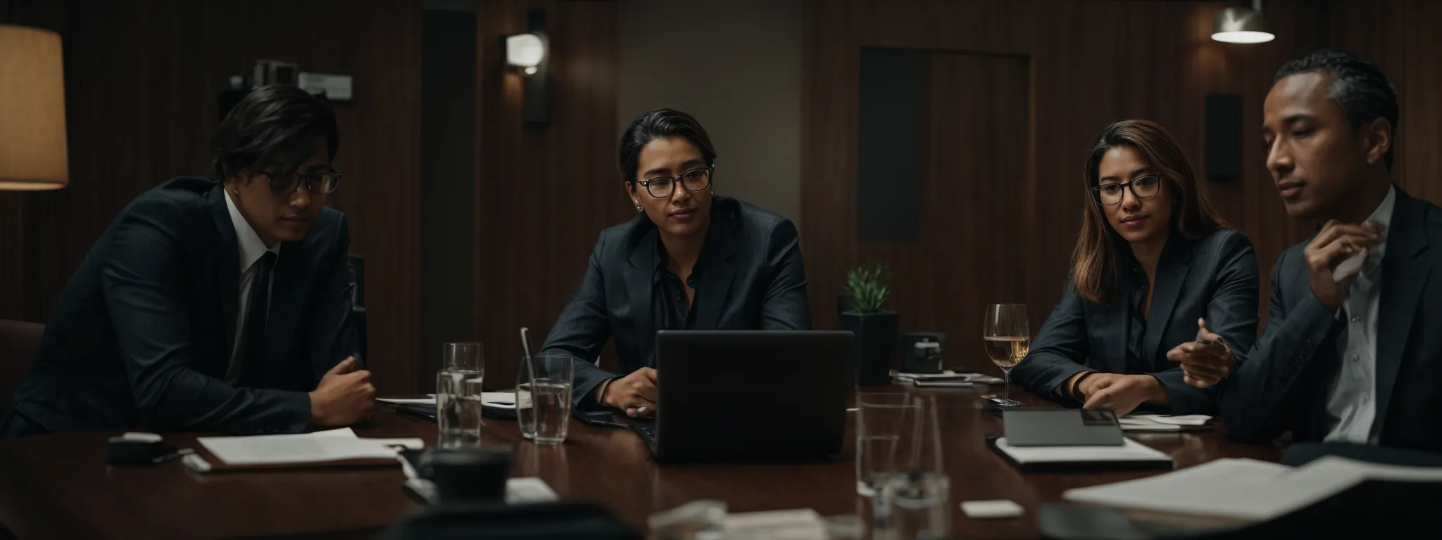 a group of professional individuals, gathered around a conference table with laptops open, enthusiastically discussing strategies.