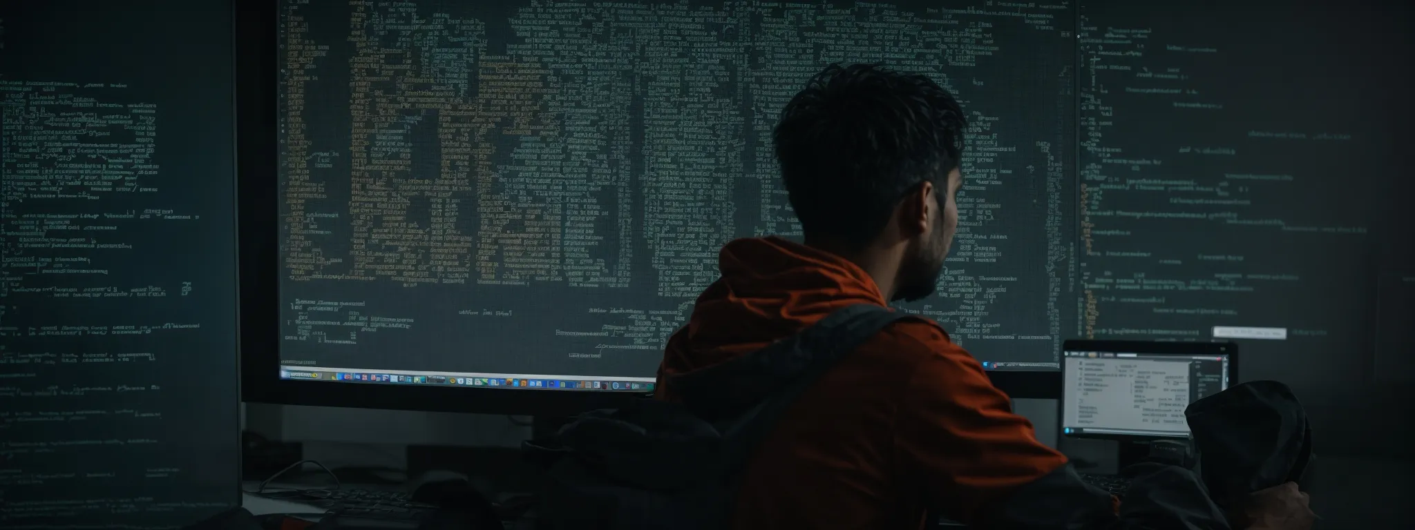 a web developer analyzes code on a computer screen displaying a complex ajax application.