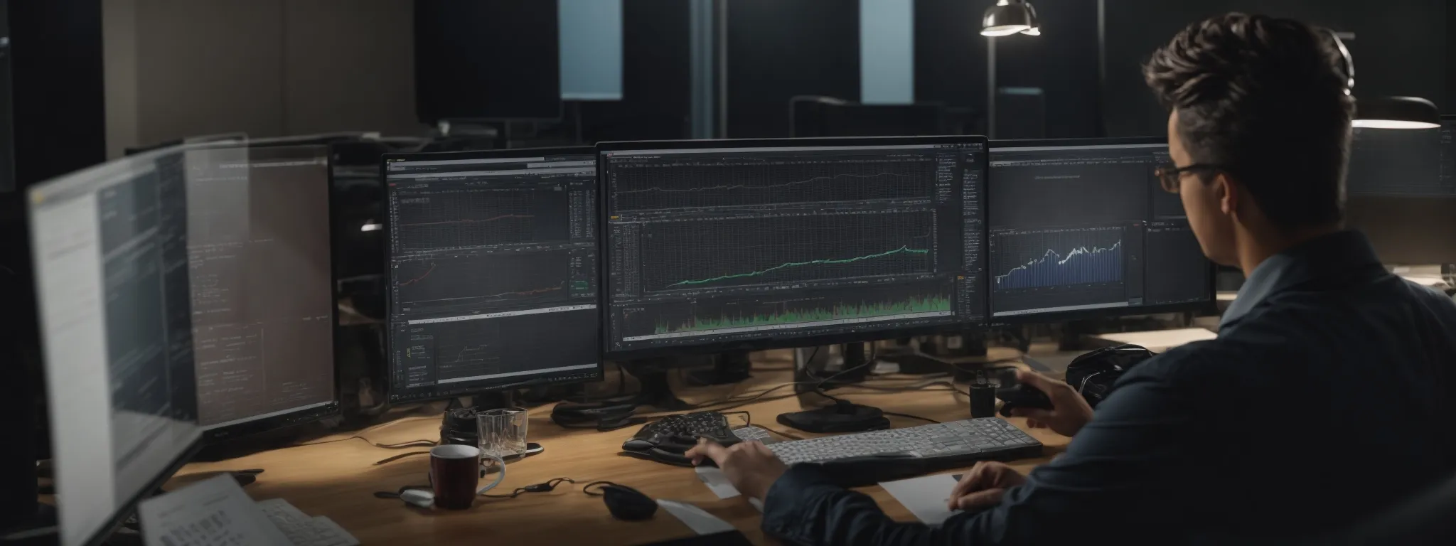 a marketer at a computer analyzes website analytics while planning link-building strategies.