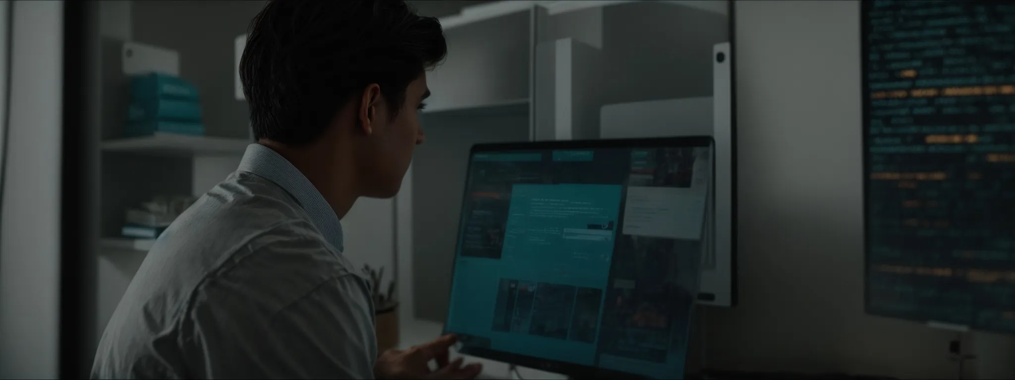 a person intently gazing at a computer screen filled with search results and educational articles.
