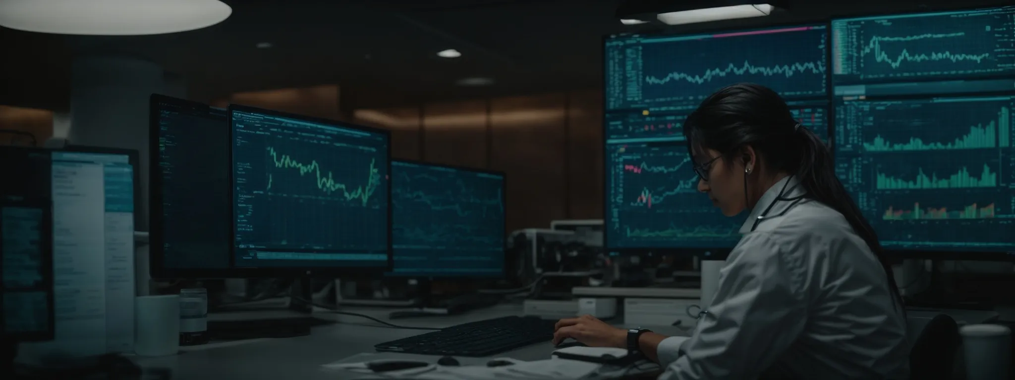 a medical professional reviews colourful analytics graphs on a computer monitor reflecting website performance.