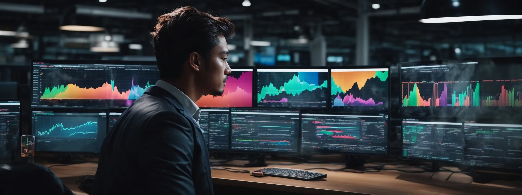 a person at a modern workspace with multiple screens displaying colorful analytics dashboards and marketing websites.