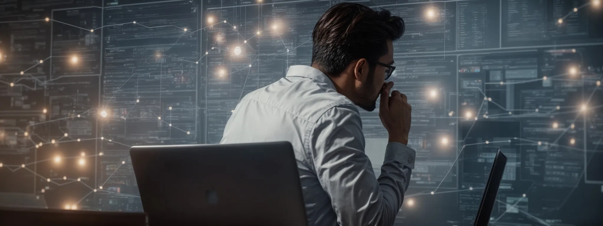 a digital marketer ponders over a laptop screen, surrounded by marketing strategy diagrams and a light bulb illustration signifying a creative breakthrough in seo.