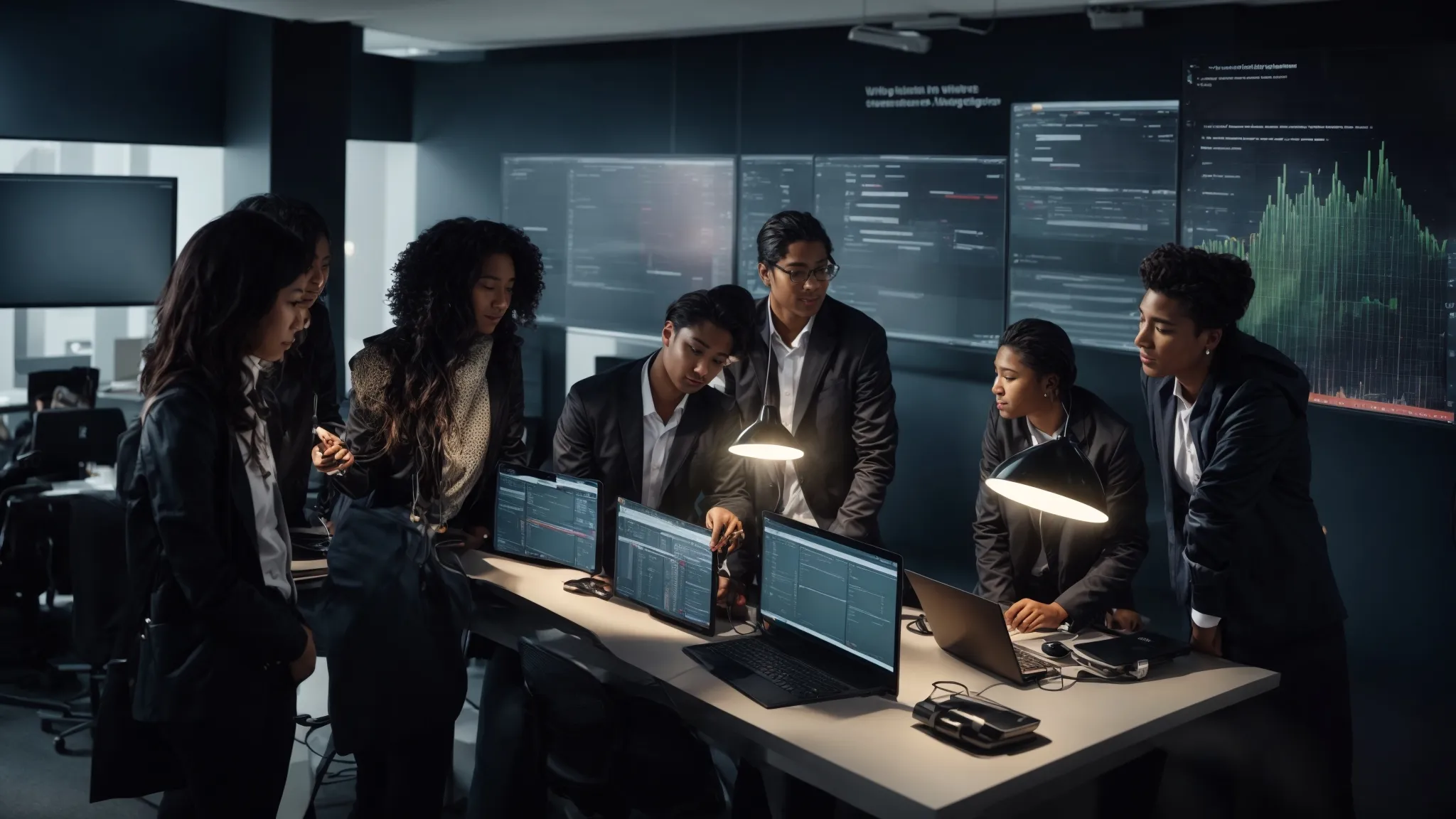 a dynamic group of young professionals collaboratively brainstorming around a tech-filled workspace, with a vibrant display of search engine analytics on a large monitor.