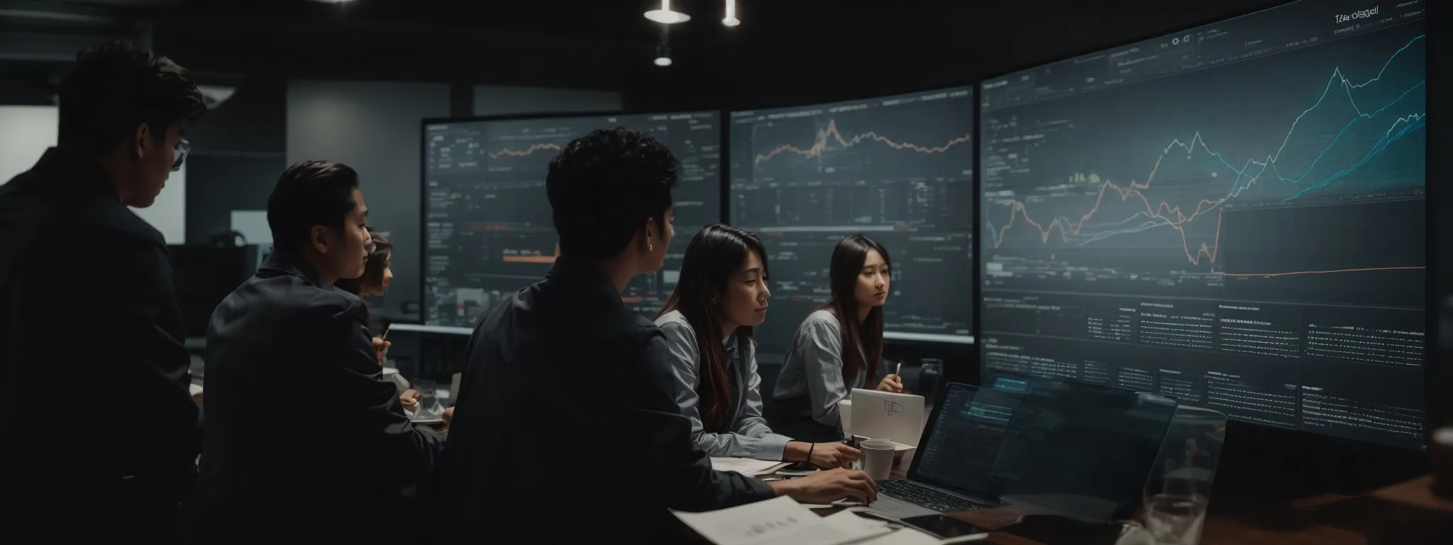 a creative team brainstorming around a digital interface with analytics displayed, highlighting content strategy elements.