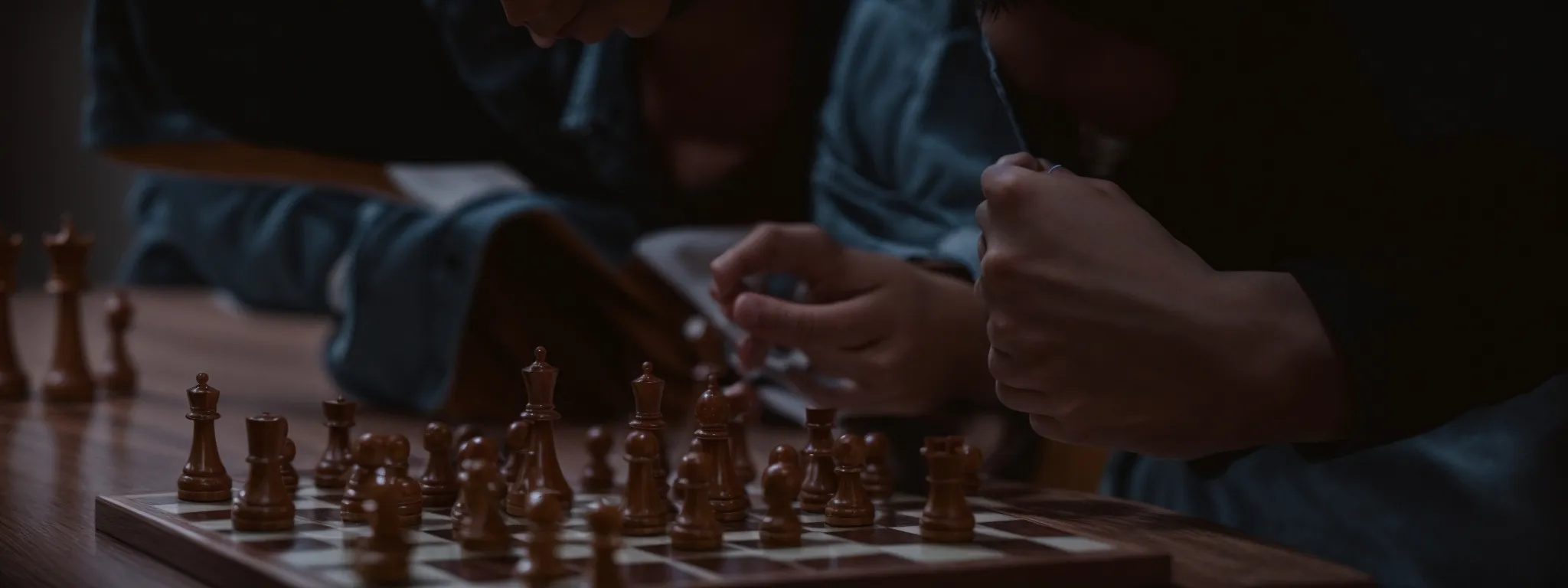 a person examining a chessboard, contemplating their next strategical move.