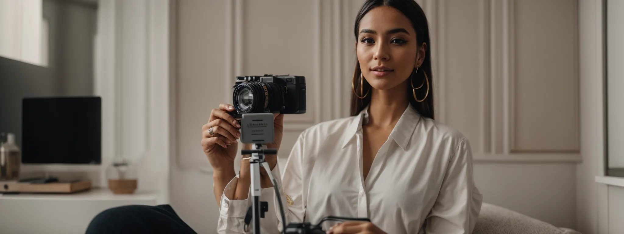 an influencer posing with a new tech gadget, surrounded by a chic minimalist setup, conveying an air of enthusiasm and approval.