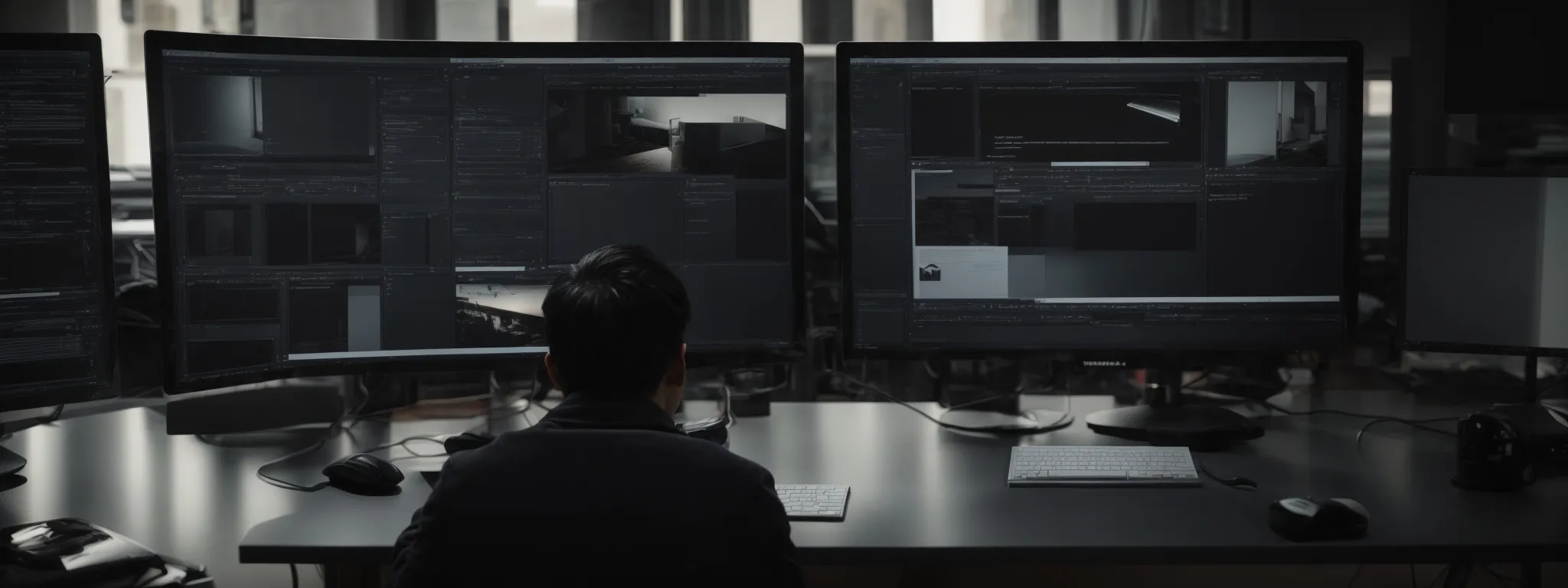 a designer contemplates a clean, structured layout on a computer screen, showcasing a website with seamless navigation.