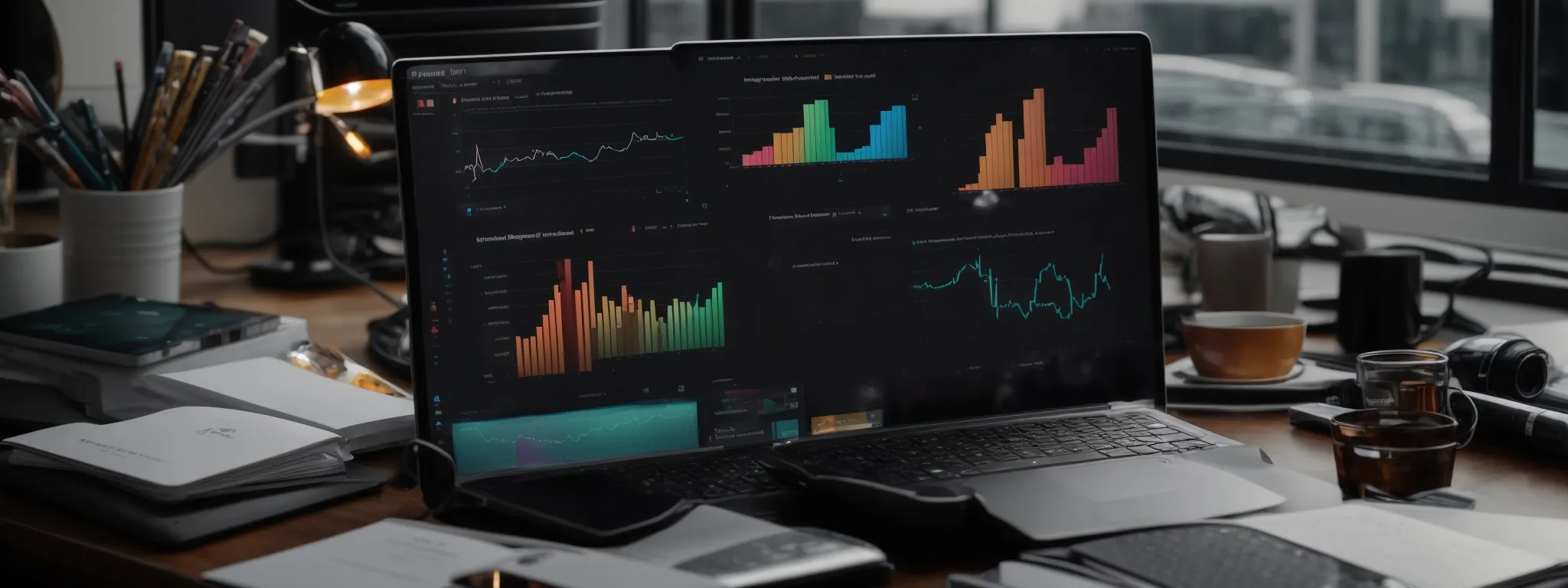 a desktop setup with an open laptop displaying colorful charts and an email interface, alongside a smartphone and a notepad.