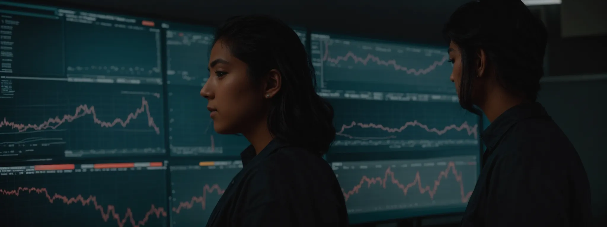 a thoughtful person gazing intently at a large screen displaying web analytics and graphs.