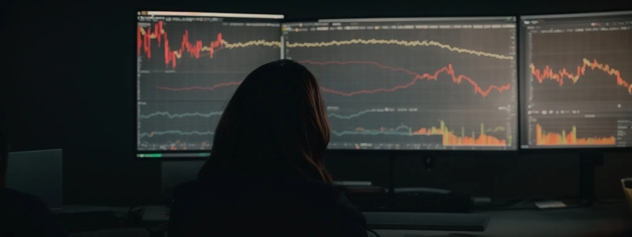 a person sitting in front of a computer screen analyzing a graphical representation of website traffic and domain authority metrics.