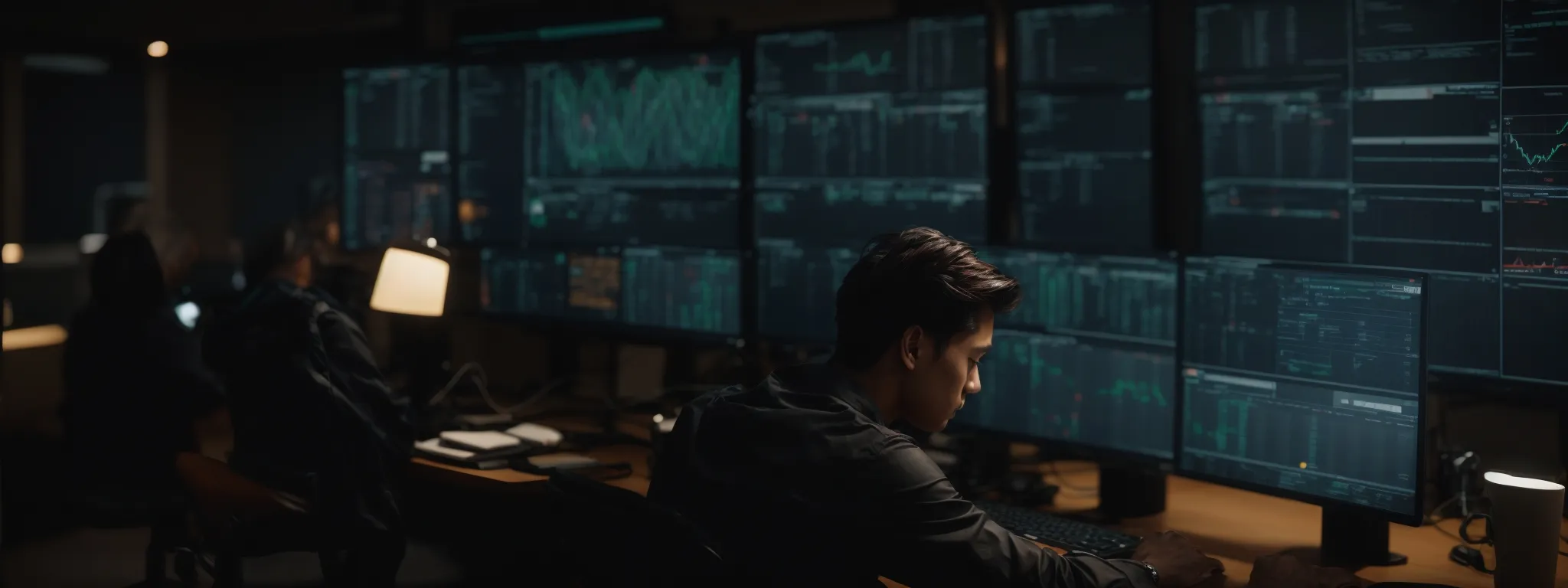 a web designer attentively strategizing link connections on a computer screen displaying a sophisticated analytics dashboard.