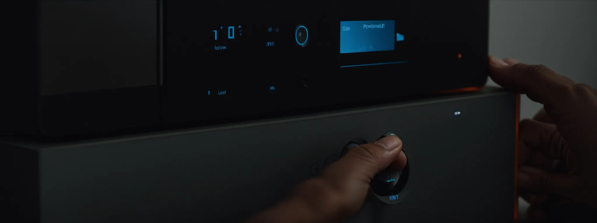 a person speaking into a smart speaker while adjusting controls on a digital interface.