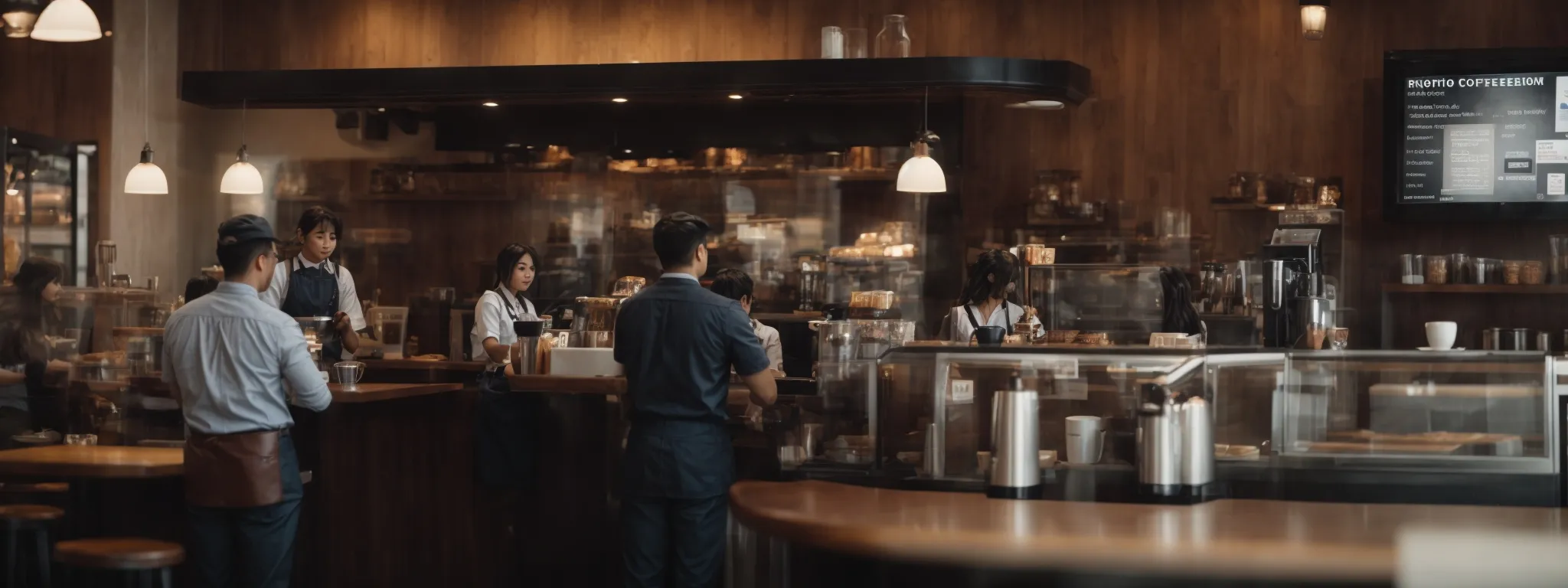 a franchise coffee shop bustling with patrons engaged in ordering on digital kiosks and interacting with staff.