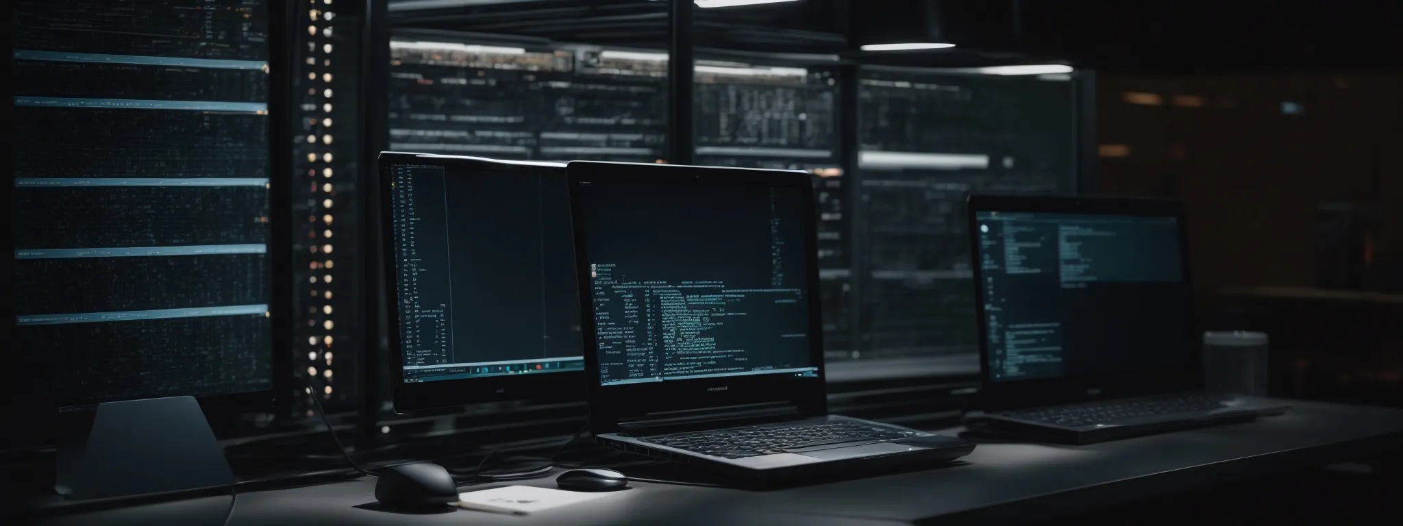 a clean, modern computer workspace with an open laptop showing a coding interface against a backdrop of server racks.