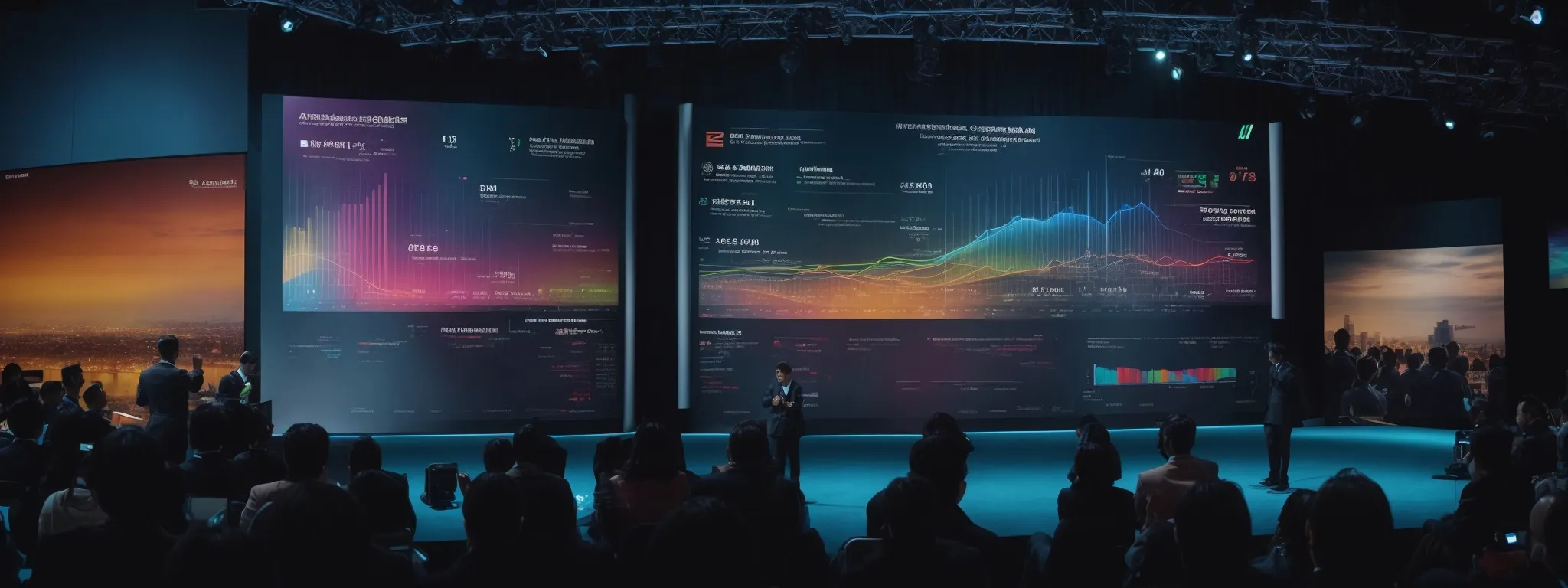 a dynamic speaker presenting at a tech expo with a large interactive digital screen displaying vibrant infographics.