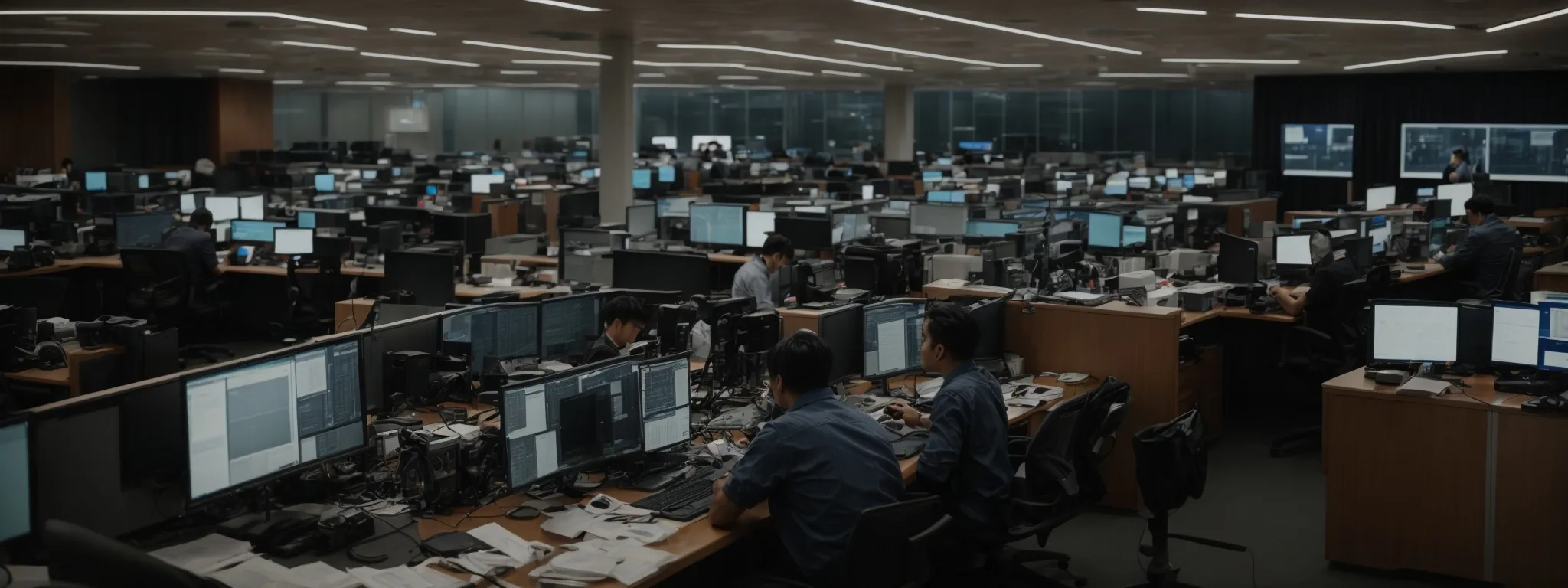 a newsroom with journalists monitoring live events and writing articles on computers.