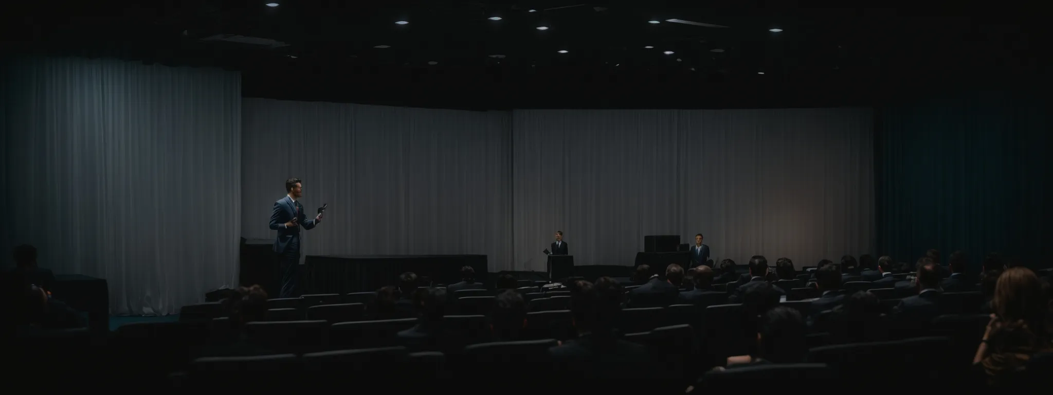 chris boggs stands before a large screen displaying the fluctuating trends of search engine rankings, addressing a room of attentive professionals.