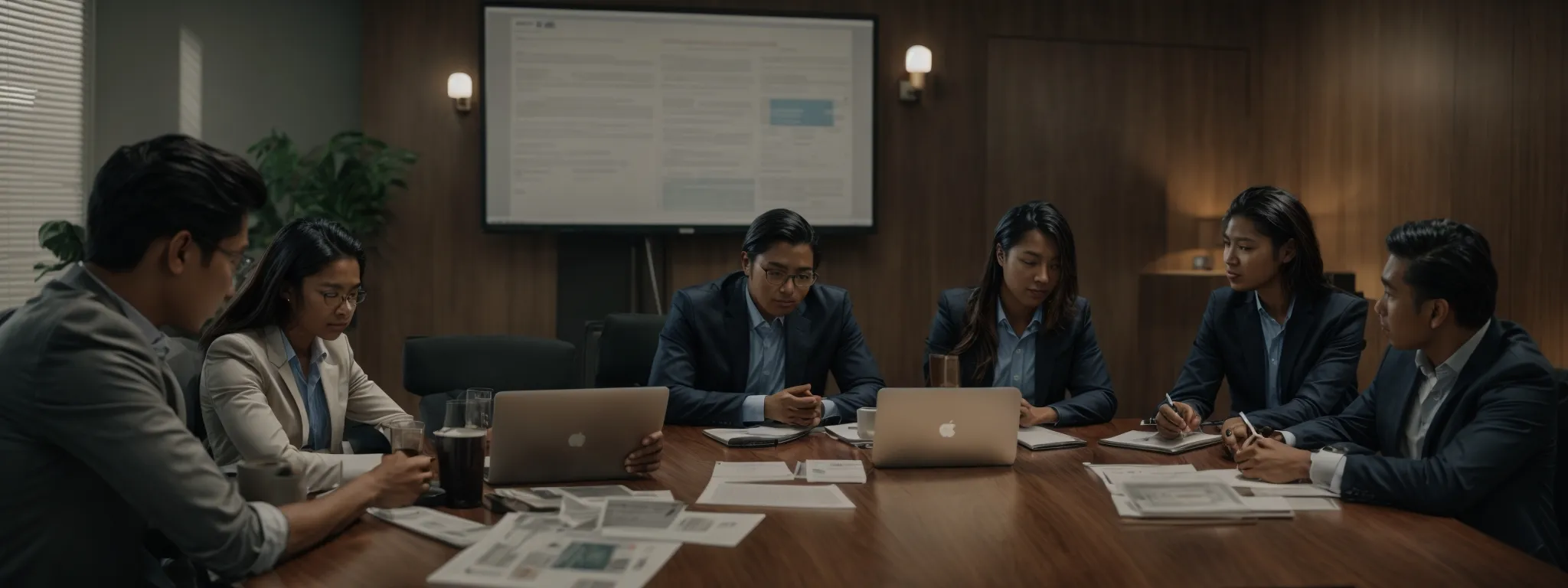 a marketing team gathers around a conference table, discussing strategies over an open laptop and scattered documents.