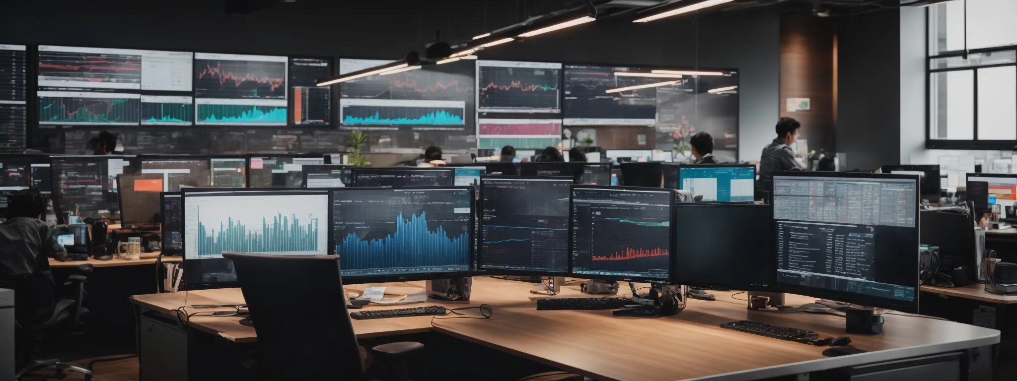 a bustling digital marketing office with multiple screens displaying colorful graphs and social media analytics.