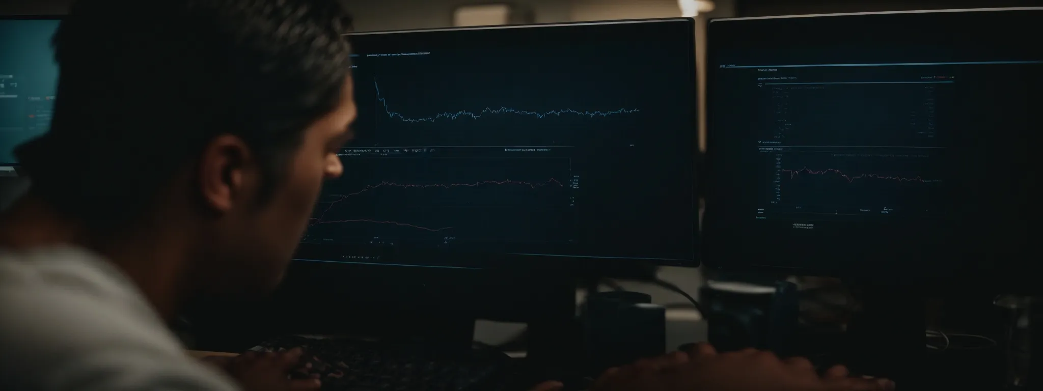 a person looking intently at a computer screen with graphs depicting website traffic and ranking improvements.