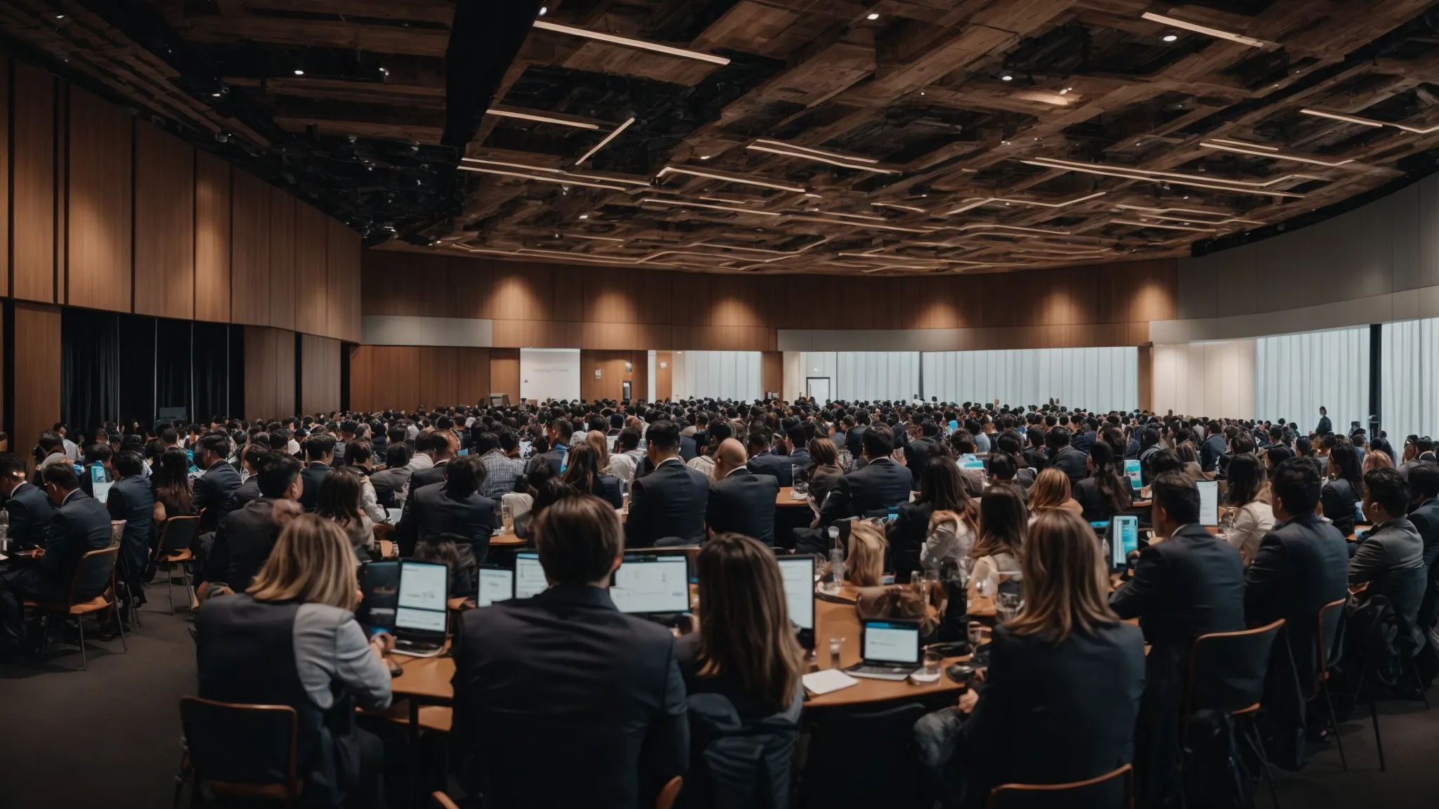 a panoramic view of a bustling digital marketing conference with professionals discussing social media strategies.