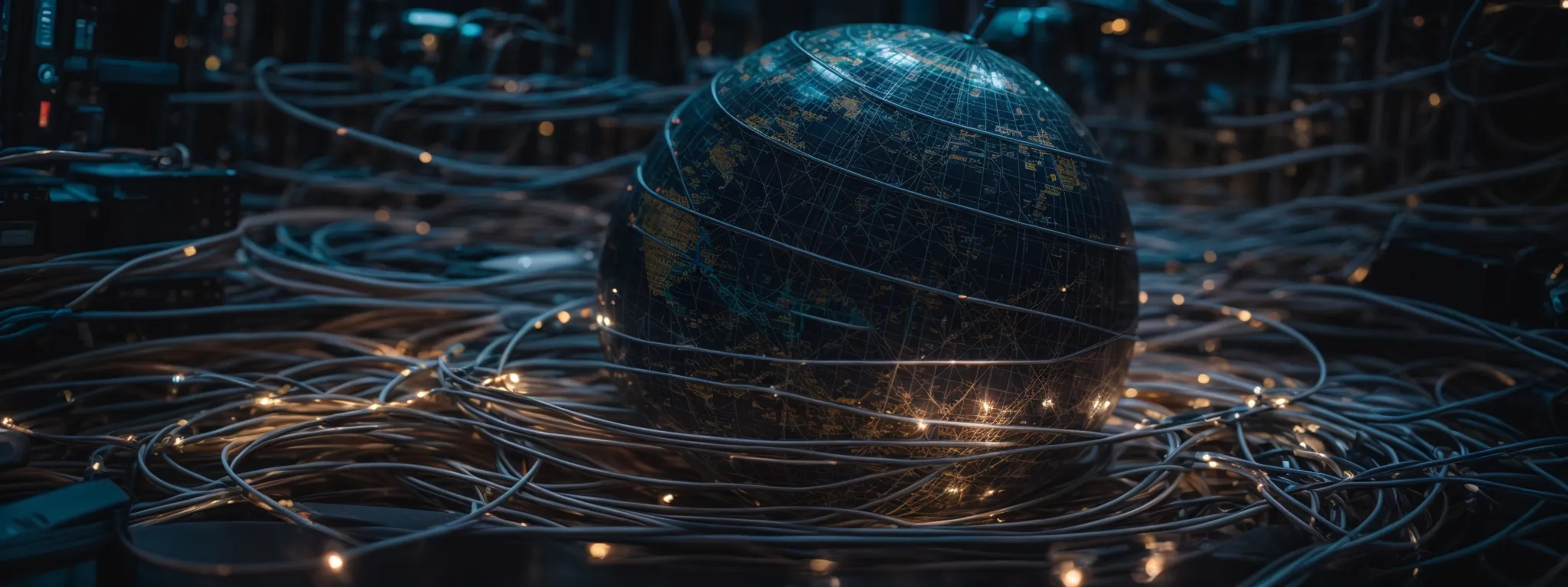 a globe surrounded by network cables and servers to represent a connected world in the context of global seo optimization.