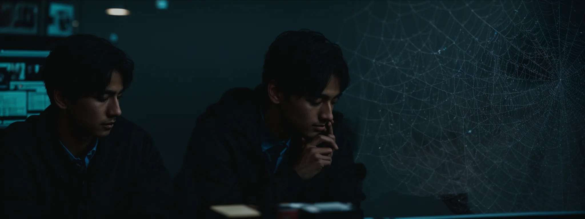 a focused individual is intently studying a computer screen displaying a complex web structure.