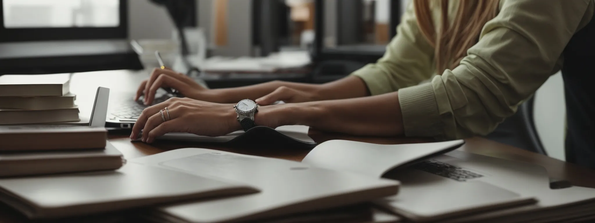 a person in a quiet office setting, typing on a laptop with books on occupational therapy around, showcasing a research process for seo-optimized content creation.