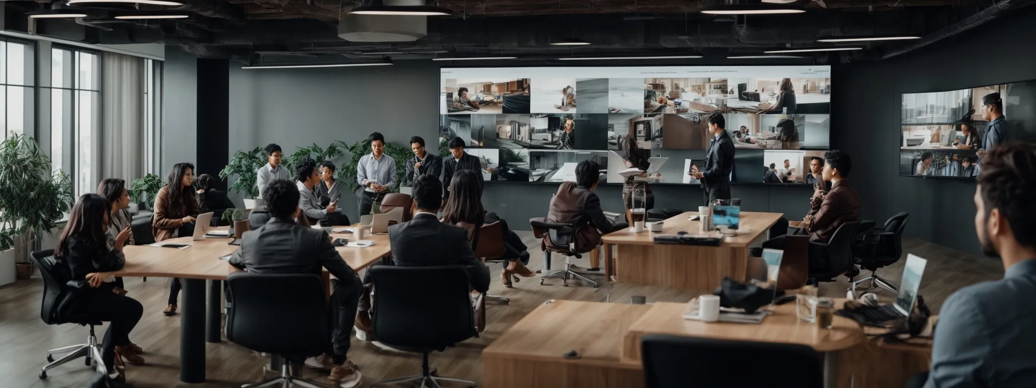 a creative brainstorming session with a diverse team engaging with multimedia content on a large screen in a modern office.
