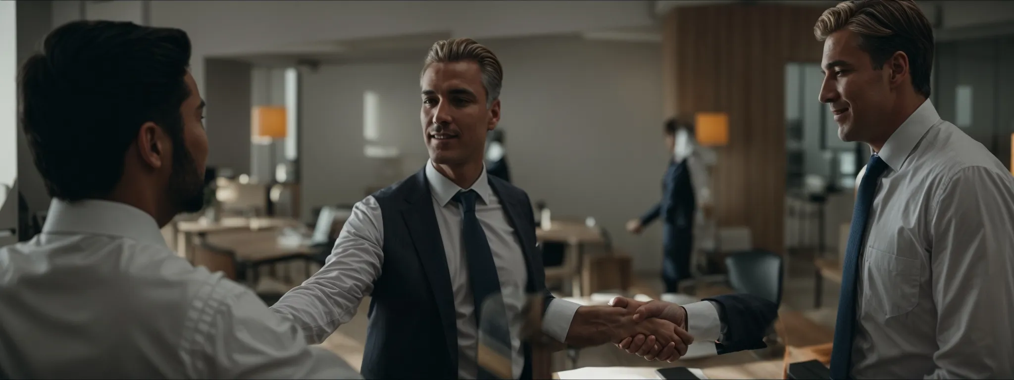 two business professionals shaking hands over a table in a bright office, symbolizing a partnership agreement.