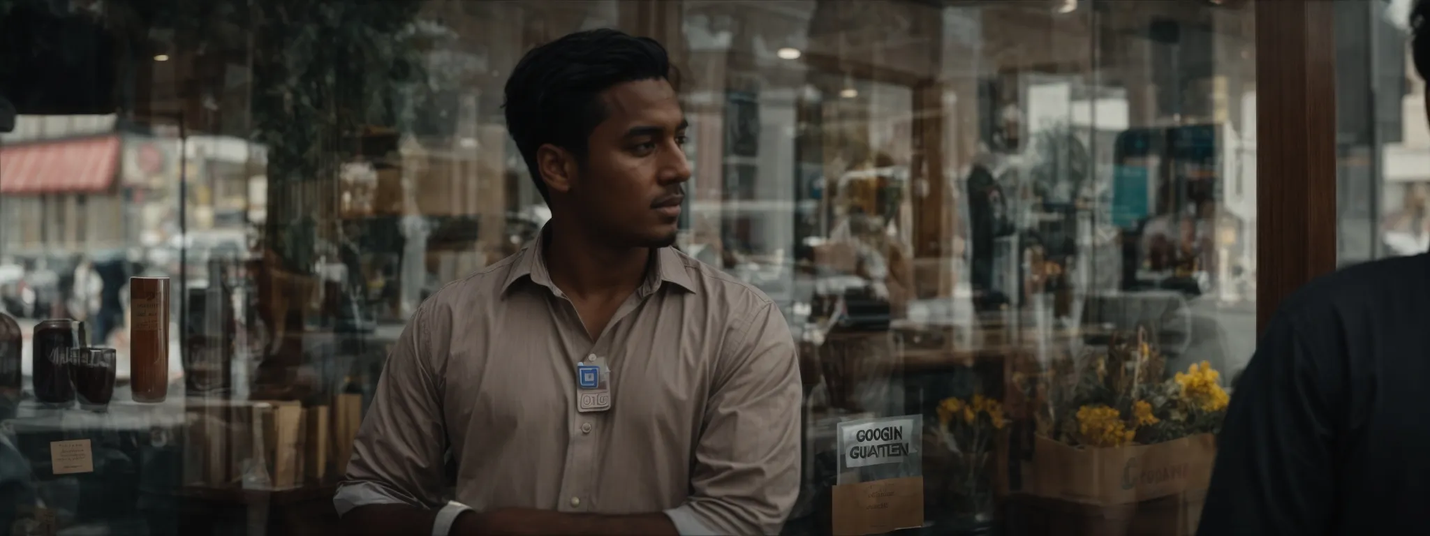 a confident local business owner stands inside their store with a displayed 'google guaranteed' badge on the shop window, signalling trust and quality to passing potential customers.