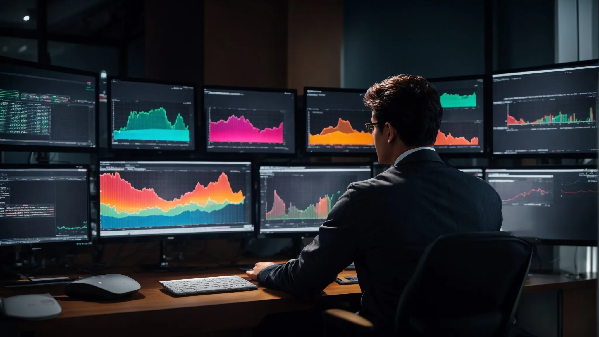 a person sits in front of a computer with multiple screens displaying colorful graphs and marketing analytics.