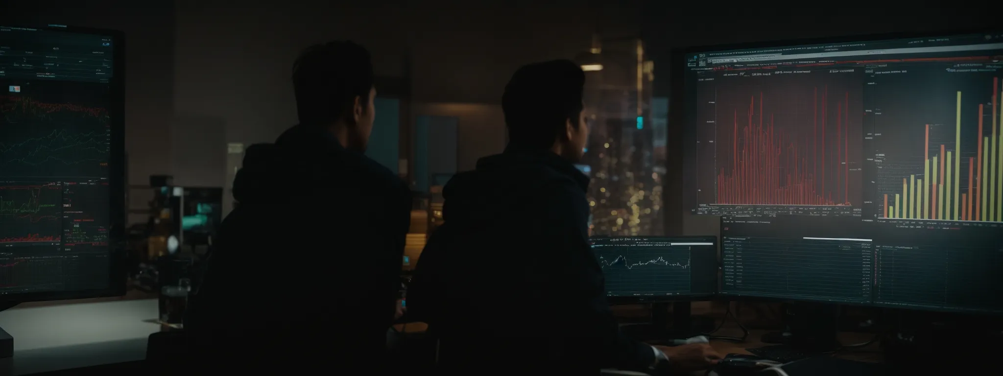 two marketers discussing strategies in front of a computer screen displaying a graph.