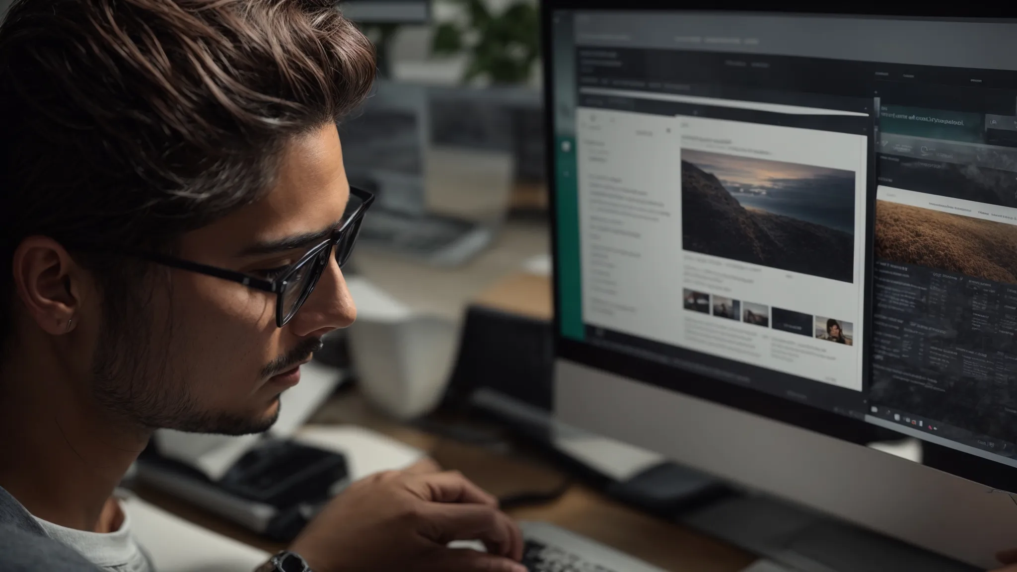 a designer reviews a website layout on a computer screen, contemplating seo strategies.