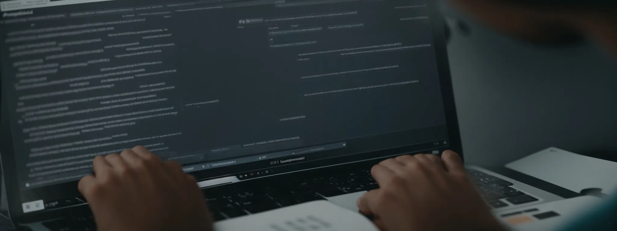 a person thoughtfully composing a headline on a computer screen with an open browser displaying search results.