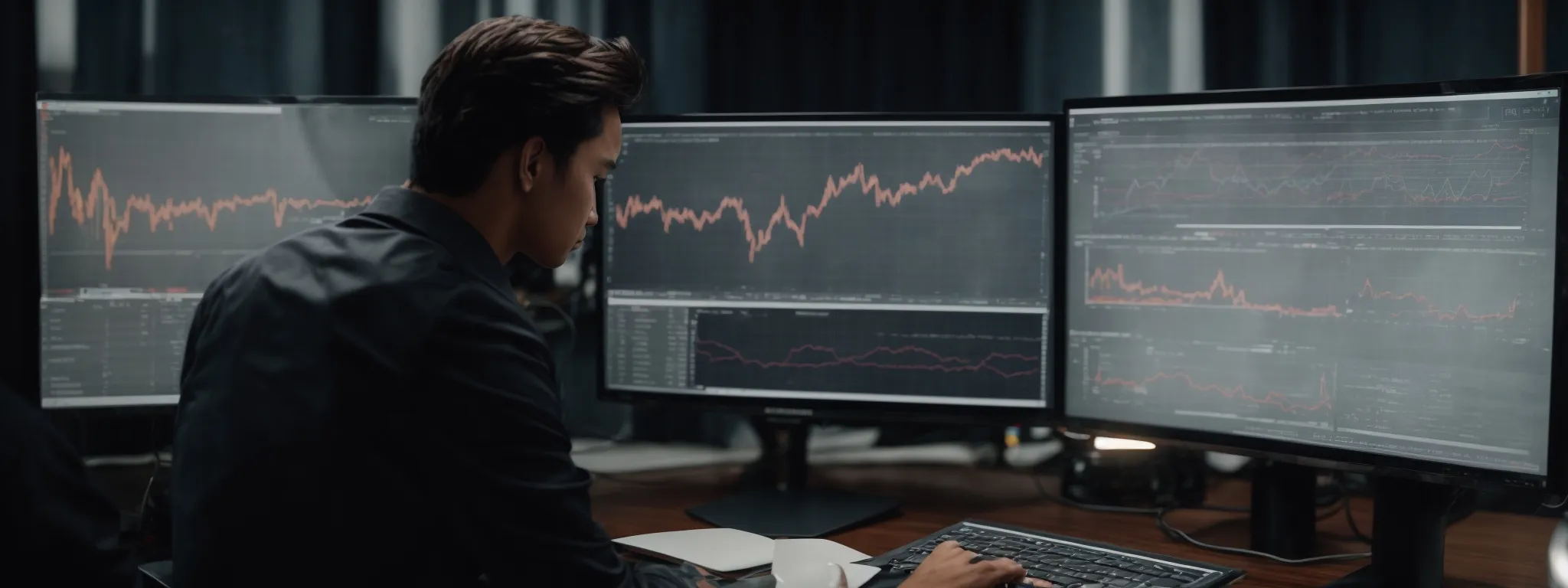 a professional analyzing charts and graphs on a computer screen, reflecting the use of landing page reports in seo strategy optimization.