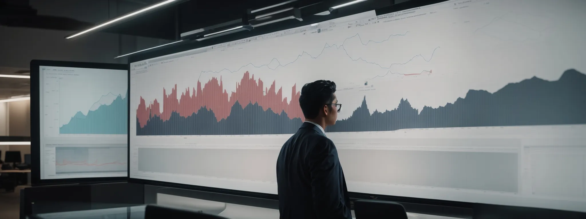 a person viewing intricate graphs and charts on a large screen within a modern office space.