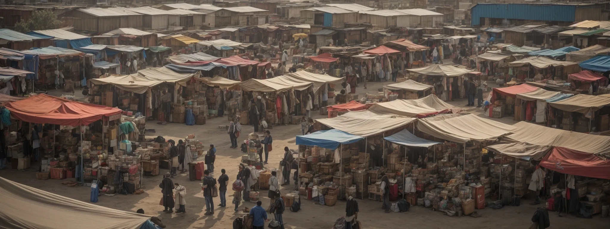 a wide-angle view of a busy online marketplace with visible offers and interactions between digital vendors and buyers.