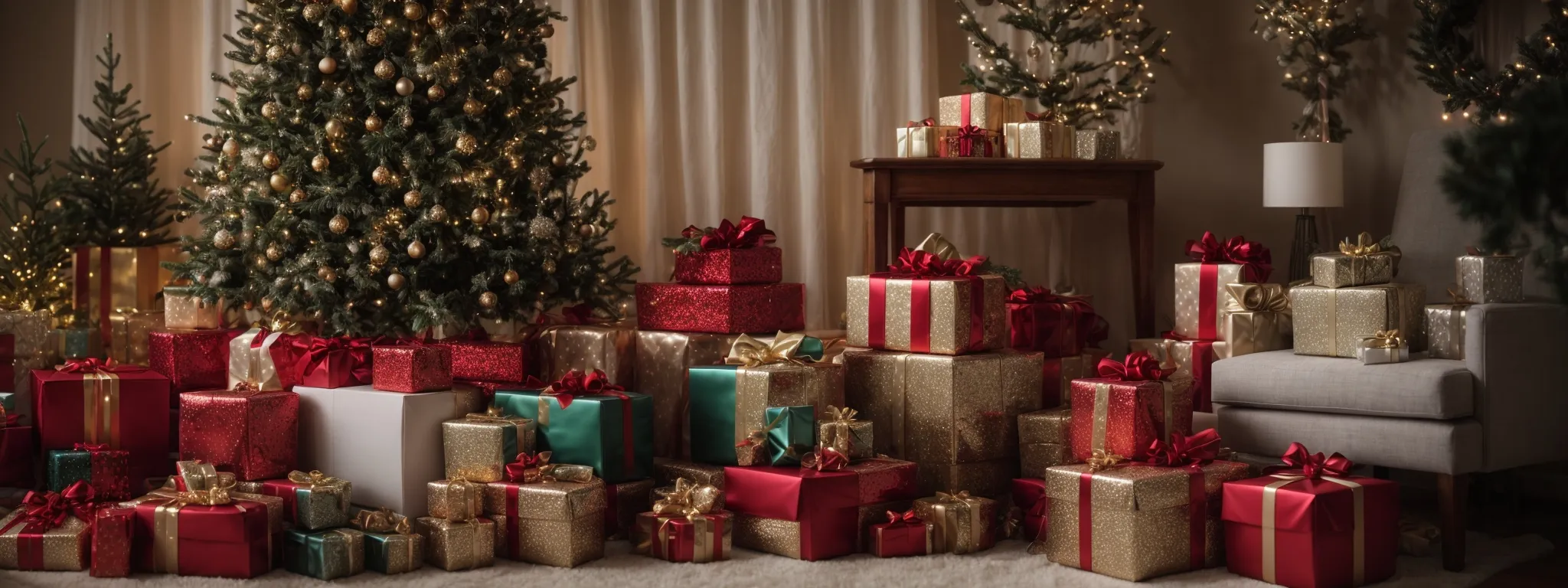 a festive setup with a decorated christmas tree surrounded by non-branded gift boxes.