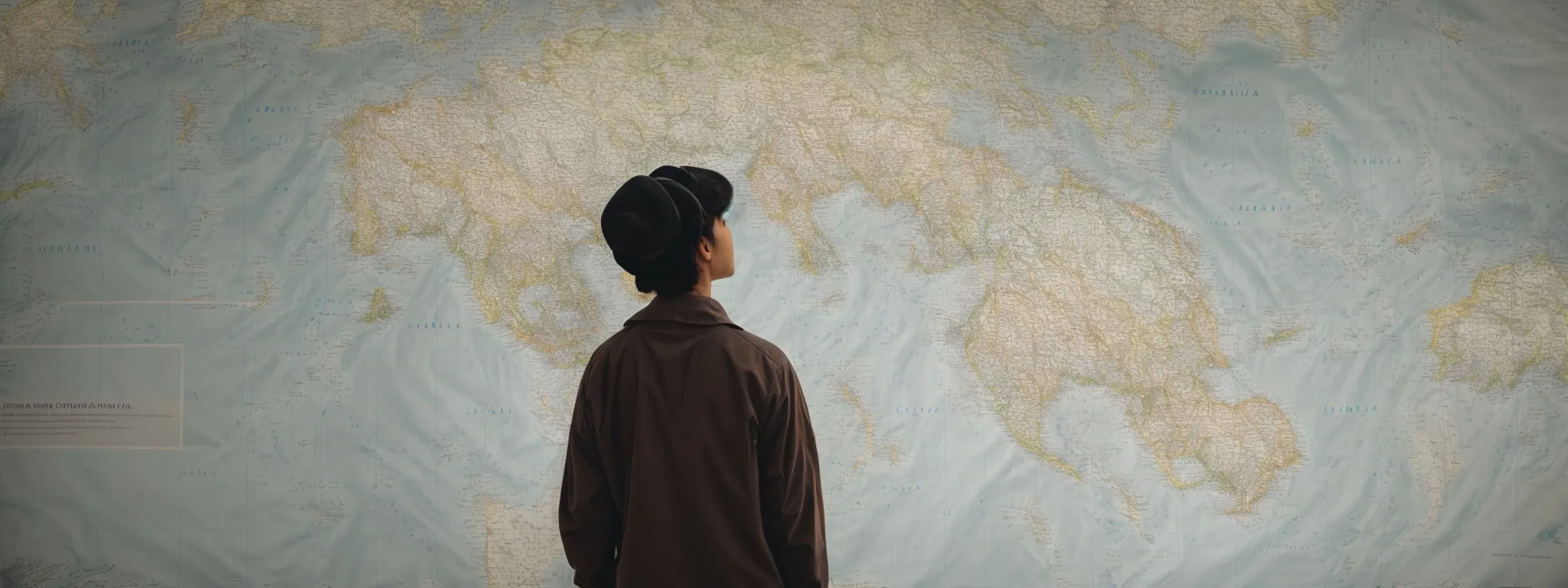 a person thoughtfully examining a large, interactive world map dotted with icons representing different social media platforms.