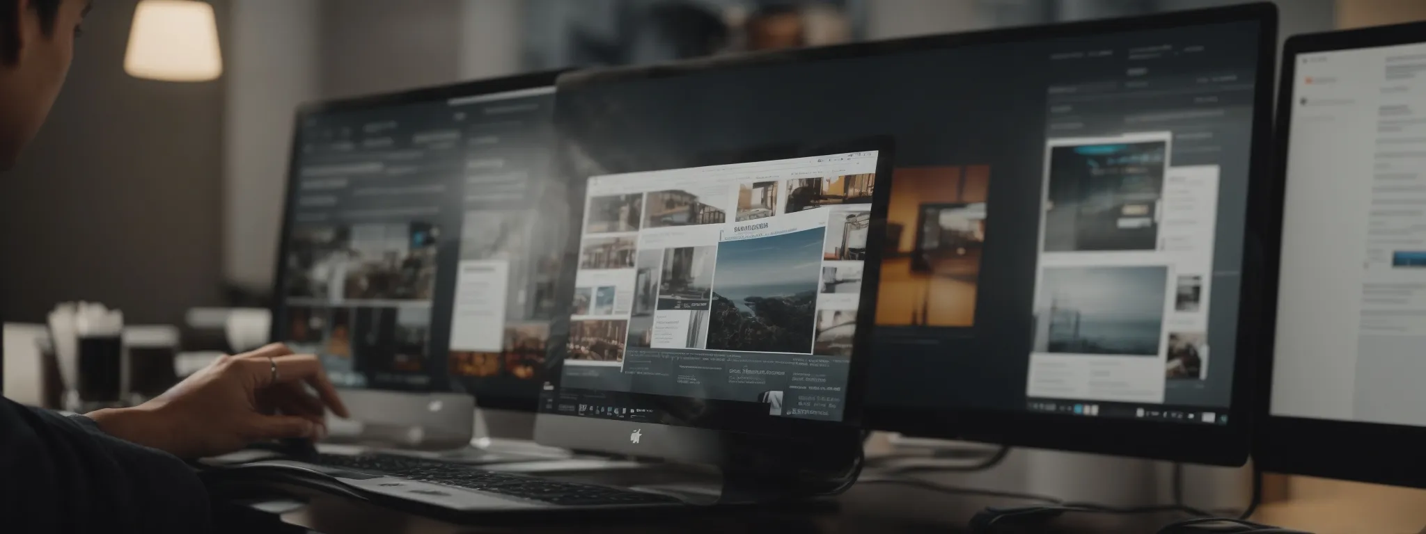 a designer reviews a website layout on a computer screen, focusing on user interface elements for improved navigation and conversion.