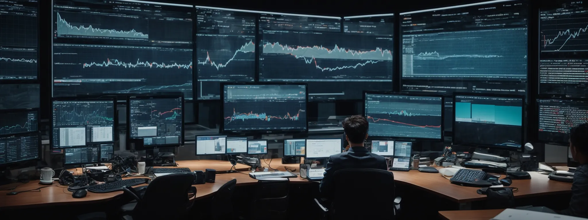 a person sitting at a modern desk with multiple digital screens displaying twitter analytics and a large graph showing social media engagement trends.