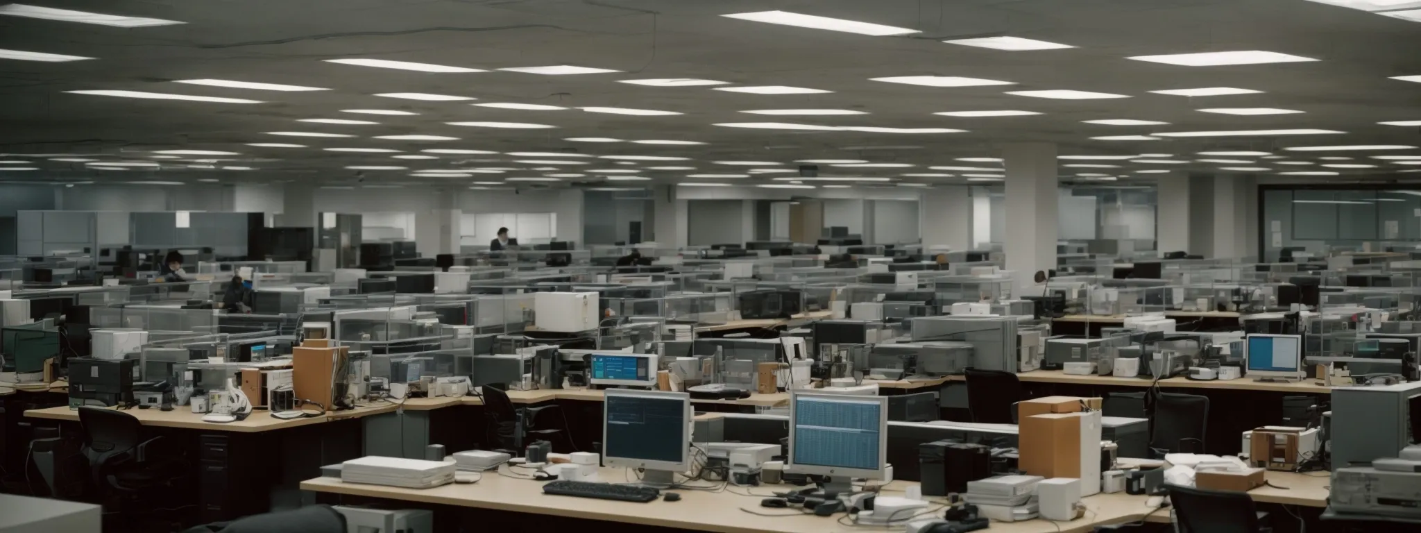 an office space filled with idle computer monitors, symbolizing the neglect of data tools in crafting marketing strategies.