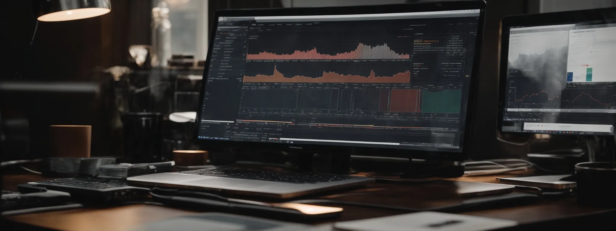 a computer placed on a desk displaying graphs and analysis tools with an e-commerce website open on the screen.